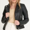 Womens Black Leather Motorcycle Jacket Front
