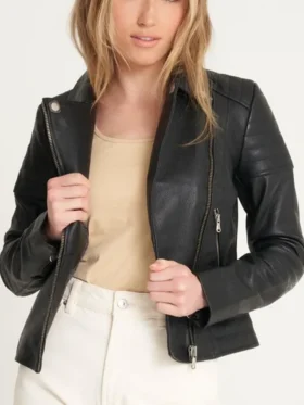 Women’s Black Leather Motorcycle Jacket Front
