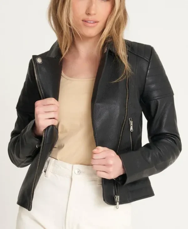 Womens Black Leather Motorcycle Jacket Front