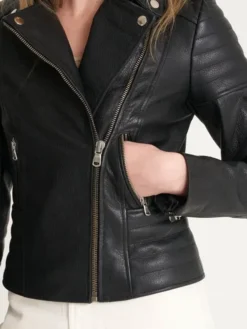 Womens Black Leather Motorcycle Jacket Pockets