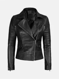 Womens Bright Black Lambskin Leather Jacket Main