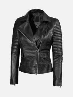 Womens Bright Black Lambskin Leather Jacket Side
