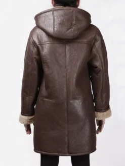 Womens Brown Leather Coat Long Duffle Aviator Coat Back