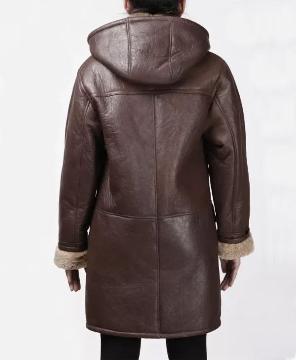 Womens Brown Leather Coat Long Duffle Aviator Coat Back