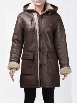 Womens Brown Leather Coat Long Duffle Aviator Coat Closure
