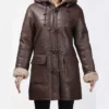 Womens Brown Leather Coat Long Duffle Aviator Coat Main