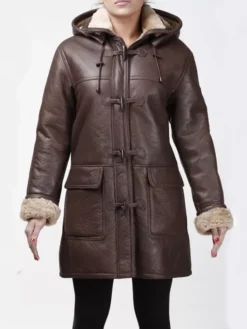 Womens Brown Leather Coat Long Duffle Aviator Coat Main