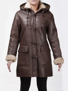Womens Brown Leather Coat Long Duffle Aviator Coat Main