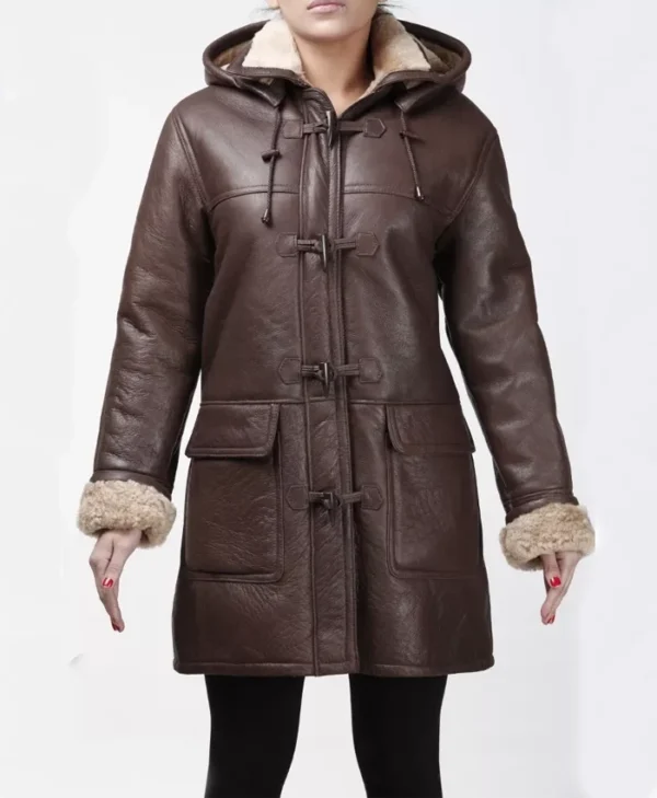 Womens Brown Leather Coat Long Duffle Aviator Coat Main
