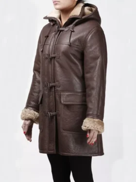 Womens Brown Leather Coat Long Duffle Aviator Coat Right