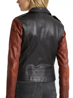 Womens Brown Sleeves Black Leather Motorcycle Jacket Back