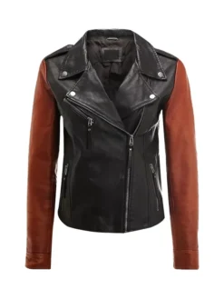 Womens Brown Sleeves Black Leather Motorcycle Jacket Front