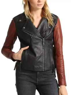 Womens Brown Sleeves Black Leather Motorcycle Jacket Main