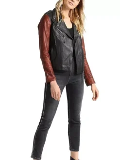 Womens Brown Sleeves Black Leather Motorcycle Jacket Stand