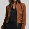 Womens Classic Cropped Brown Suede Bomber Jacket 1