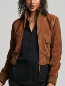 Womens Classic Cropped Brown Suede Bomber Jacket 1