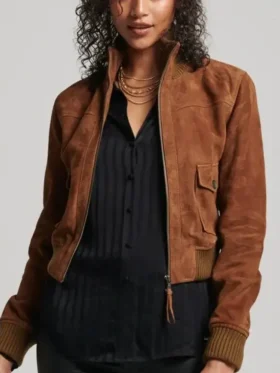 Women’s Classic Cropped Brown Suede Bomber Jacket 1