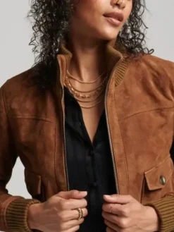 Womens Classic Cropped Brown Suede Bomber Jacket 2