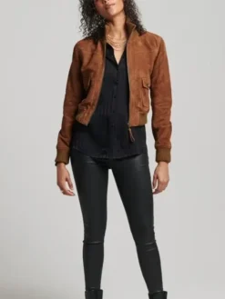 Womens Classic Cropped Brown Suede Bomber Jacket 3