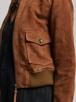 Womens Classic Cropped Brown Suede Bomber Jacket 4