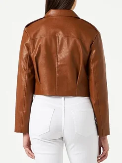 Womens Cropped Leather Jacket Brown Back