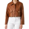 Womens Cropped Leather Jacket Brown Main