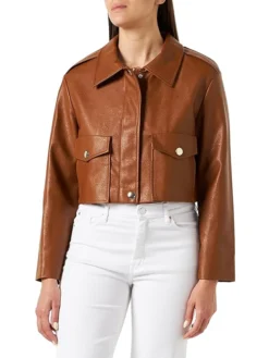 Womens Cropped Leather Jacket Brown Main