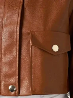 Womens Cropped Leather Jacket Brown Pockets