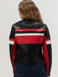 Womens Cropped Leather Jacket Racer Red And Black Back