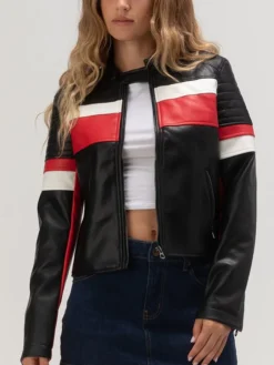 Womens Cropped Leather Jacket Racer Red And Black Main
