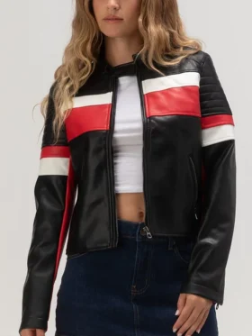 Womens Cropped Leather Jacket Racer Red And Black Main