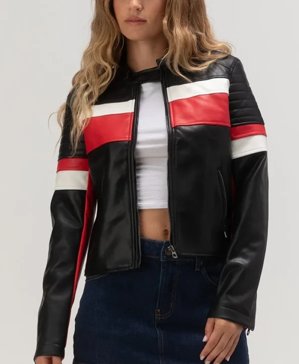 Women’s Cropped Leather Jacket Racer Red And Black Main