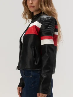 Womens Cropped Leather Jacket Racer Red And Black Right
