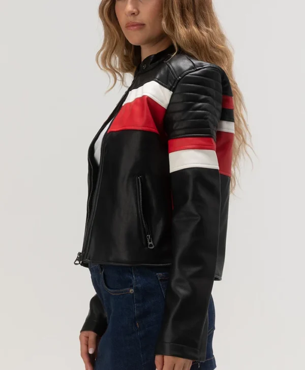 Women’s Cropped Leather Jacket Racer Red And Black Right