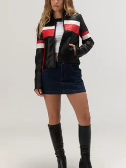 Womens Cropped Leather Jacket Racer Red And Black Stand