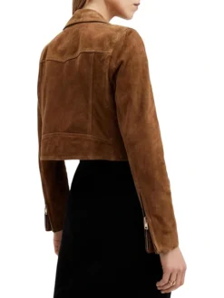 Womens Cropped Suede Leather Motorcycle Jacket Back