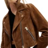 Women’s Cropped Suede Leather Motorcycle Jacket Collar
