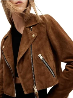 Womens Cropped Suede Leather Motorcycle Jacket Collar