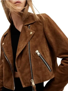 Women’s Cropped Suede Leather Motorcycle Jacket Collar