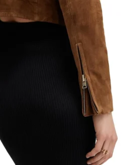 Womens Cropped Suede Leather Motorcycle Jacket Cuffs