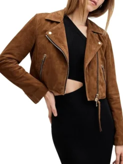 Womens Cropped Suede Leather Motorcycle Jacket Main