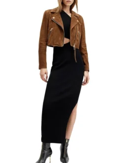 Womens Cropped Suede Leather Motorcycle Jacket Stand Up
