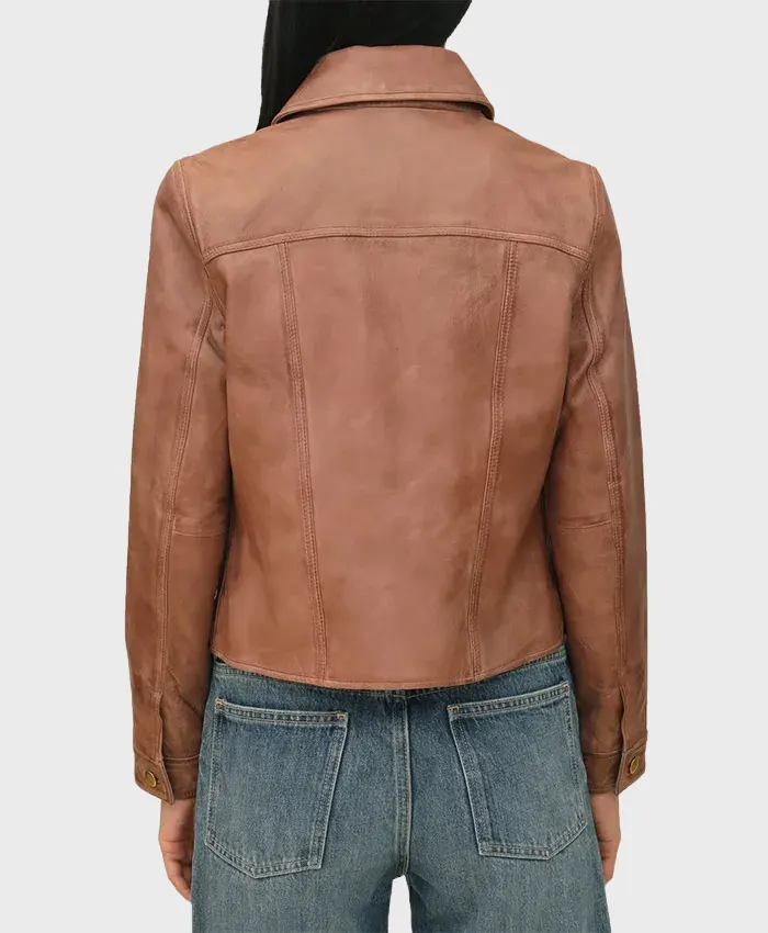 Women’s Dark Brown Leather Trucker Jacket Back