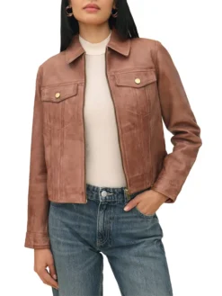 Womens Dark Brown Leather Trucker Jacket Main