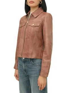 Womens Dark Brown Leather Trucker Jacket Side