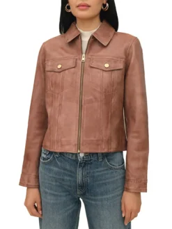 Womens Dark Brown Leather Trucker Jacket Zipper