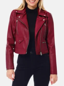 Womens Dark Red Cropped Leather Jacket