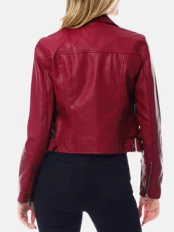Womens Dark Red Cropped Leather Jacket Back