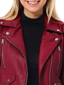 Womens Dark Red Cropped Leather Jacket Collar