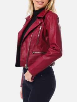 Womens Dark Red Cropped Leather Jacket Right Side